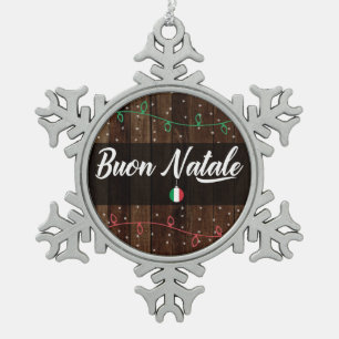 Buon Natale Italian Merry Christmas Rustic Snowflake Pewter Christmas Ornament