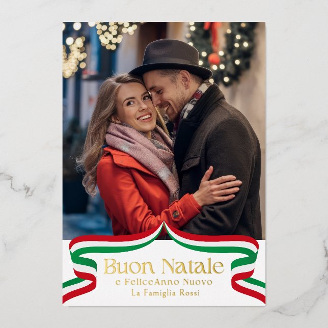 Buon Natale Italian Red Green Ribbon Photo Foil Holiday Card (Front)