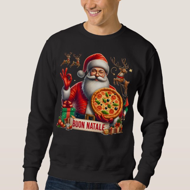 Buon Natale Italian Santa with Pizza & Reindeer Sweatshirt (Front)