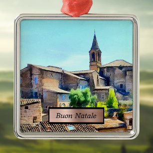 Buon Natale Orvieto Italy Hillside and Church Metal Ornament