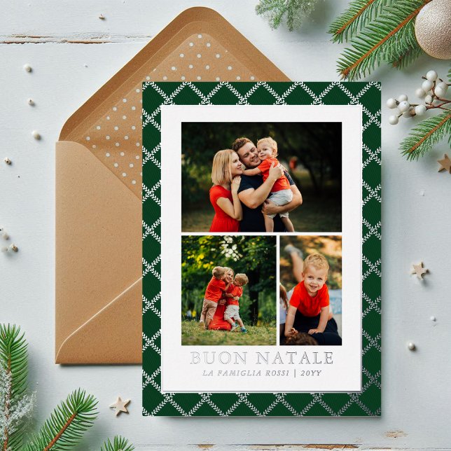 Buon Natale Photo Collage Green Check Foil Holiday Card (Creator Uploaded)