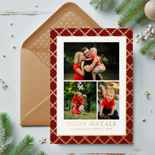 Buon Natale Photo Collage Red Check Foil Holiday Card