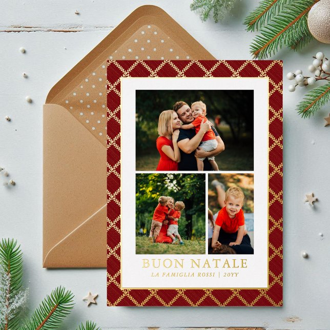 Buon Natale Photo Collage Red Check Foil Holiday Card (Creator Uploaded)