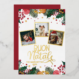 Buon Natale Photo Collage Red Holly Berries Foil Holiday Card