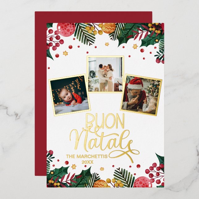 Buon Natale Photo Collage Red Holly Berries  Foil Holiday Card (Front/Back)