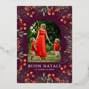 Buon Natale Photo Collage Watercolor Floral Foil Holiday Card