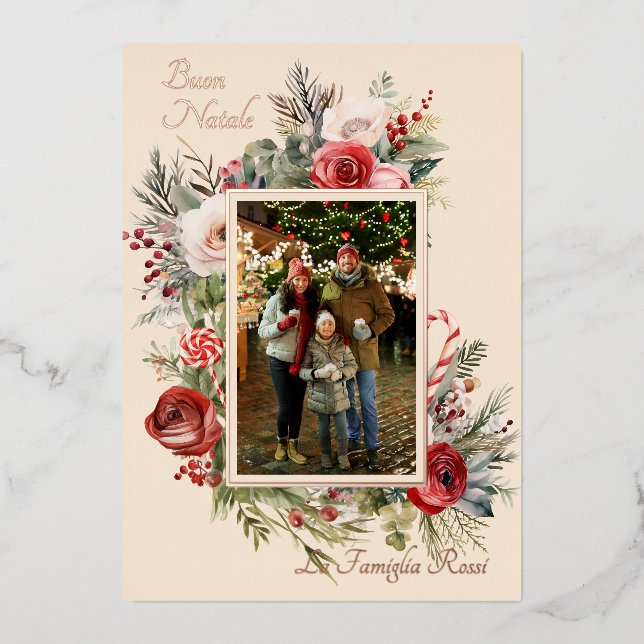Buon Natale Photo Floral Blue Foil Holiday Card (Front)