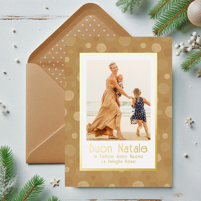 Buon Natale Photo Gold Modern Polka Dot Foil Holiday Card (Creator Uploaded)