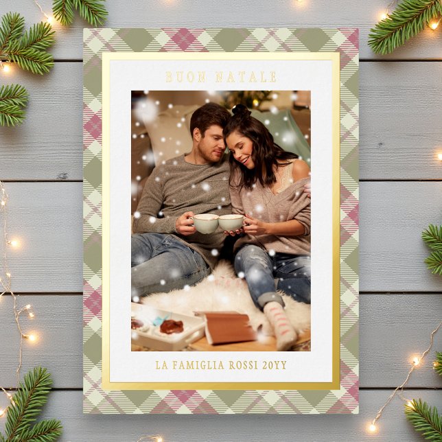 Buon Natale Pink Green Plaid Tartan Photo Foil Holiday Card (Creator Uploaded)