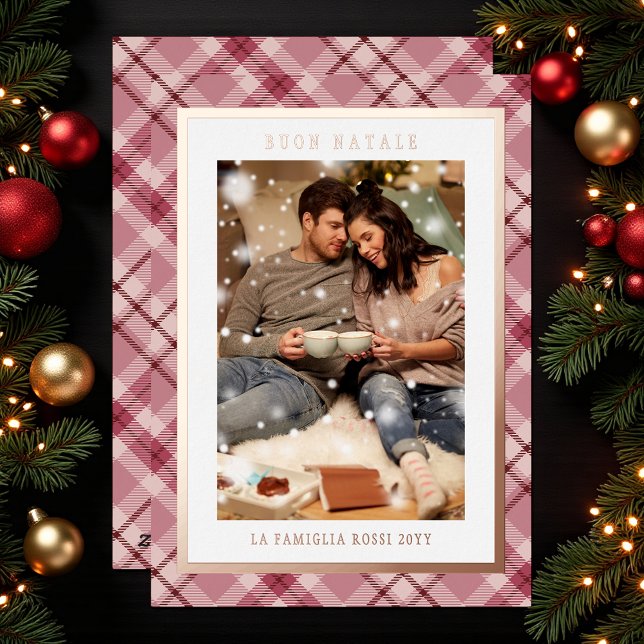 Buon Natale Pink Plaid Tartan Photo Foil Holiday Card (Creator Uploaded)