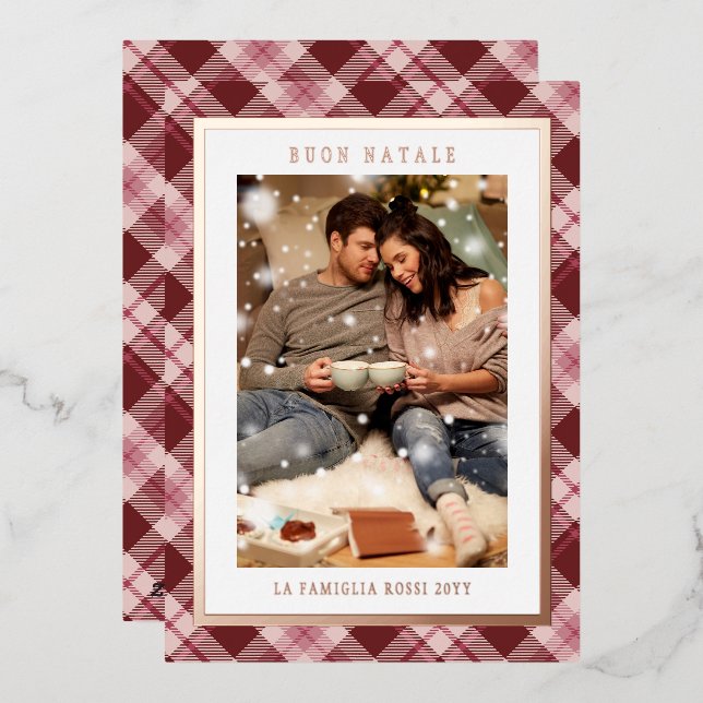 Buon Natale Pink Red Plaid Tartan Photo Foil Holiday Card (Front/Back)