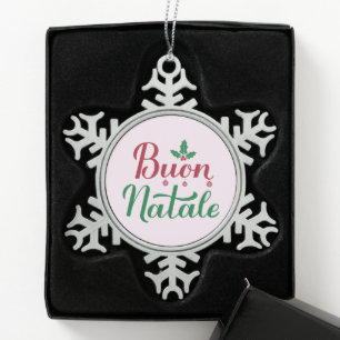 Buon Natale Red and Green Italian Christmas Snowflake Pewter Christmas Ornament