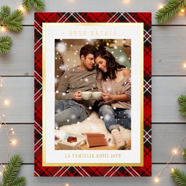 Buon Natale Red Plaid Tartan Photo Foil Holiday Card (Creator Uploaded)