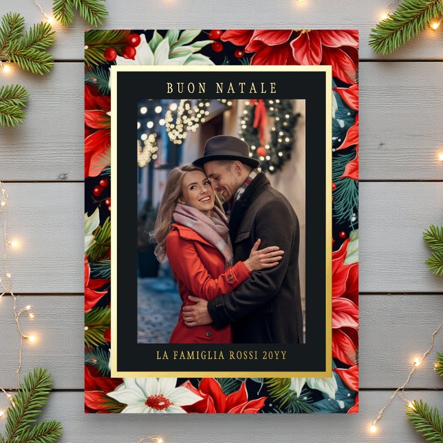 Buon Natale Red Poinsettia Floral Photo Foil Holiday Card (Creator Uploaded)