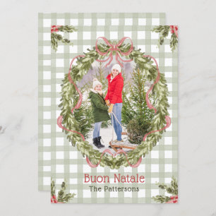 Buon Natale Watercolor Floral Bow Family Photo Holiday Card