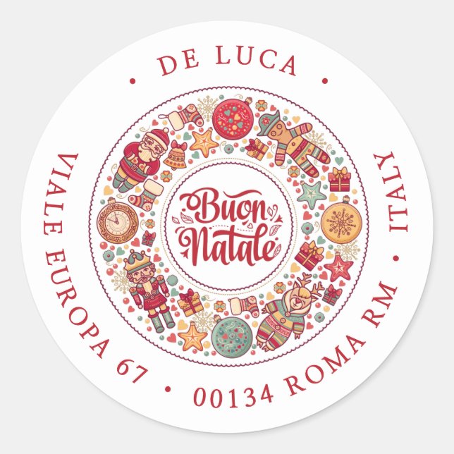 Buon Natale Wreath Return Address Classic Round Sticker (Front)