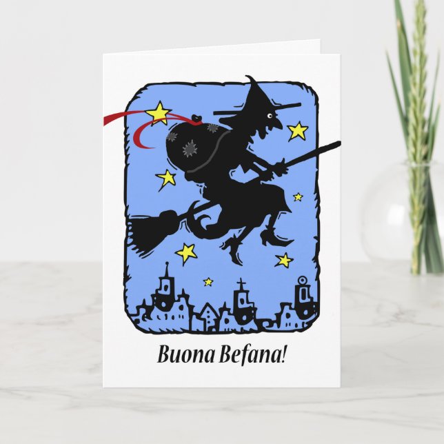 Buona Befana, Christmas Epiphany Witch with Gifts Holiday Card (Front)