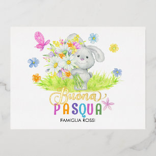 Buona Pasqua Cute Rabbit Bouquet Spring Flowers Foil Holiday Postcard