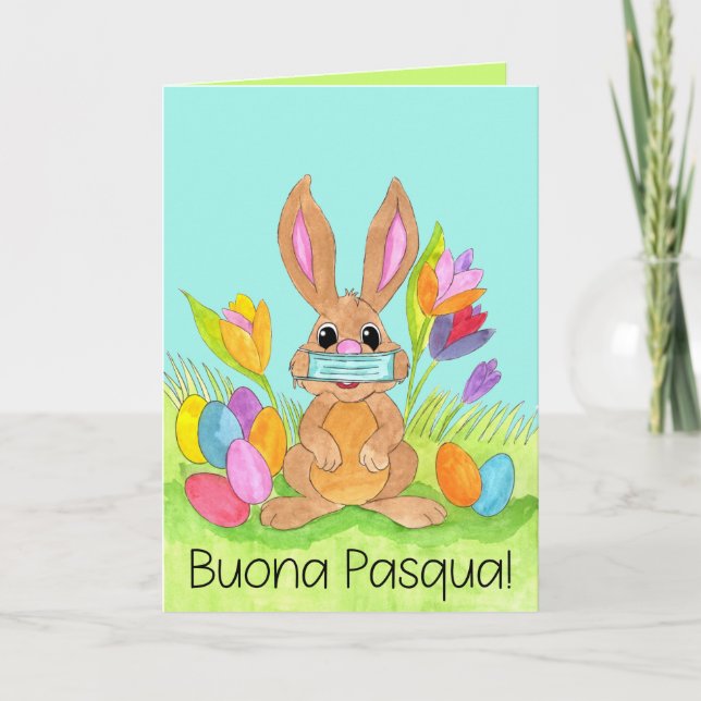 Buona Pasqua Italian Easter Face masked Bunny Holiday Card (Front)