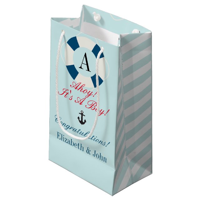 Buoy with Monogram, Nautical New Baby Boy Small Gift Bag (Front Angled)