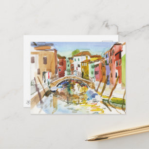 Burano Canal Bridge Watercolor Reflections Postcard