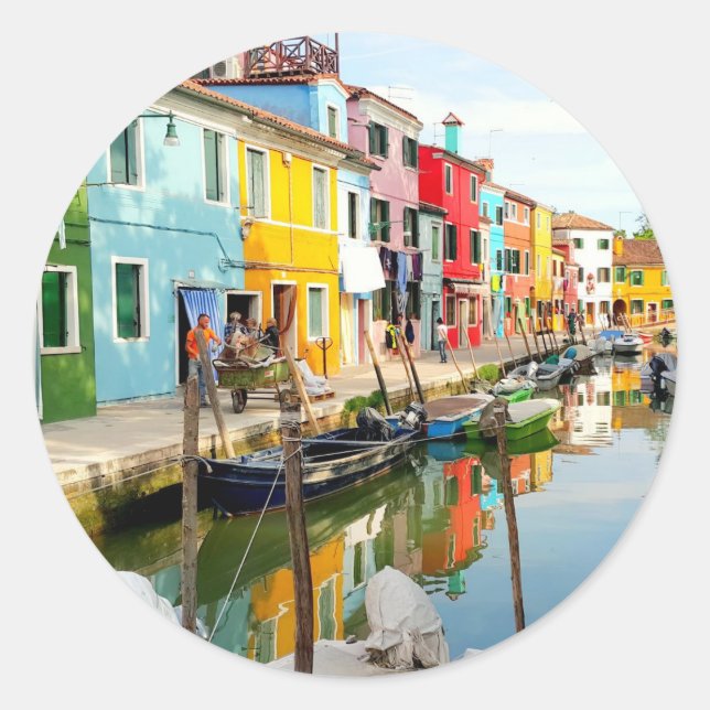 Burano island near Venice, Rainbow Houses in Italy Classic Round Sticker (Front)