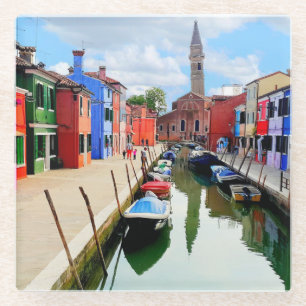 Burano, Italy Italian Colourful Houses & Boat Cana Glass Coaster