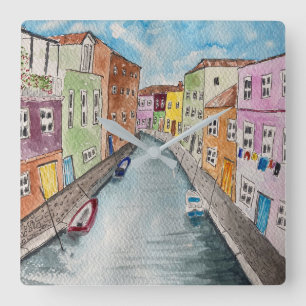 Burano Venice Bright coloured houses Square Wall Clock