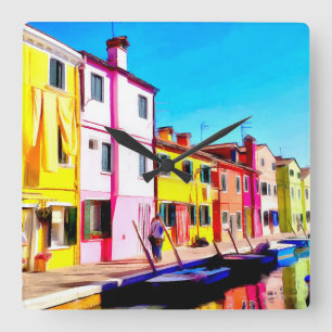 Burano, Venice watercolor painting Square Wall Clock
