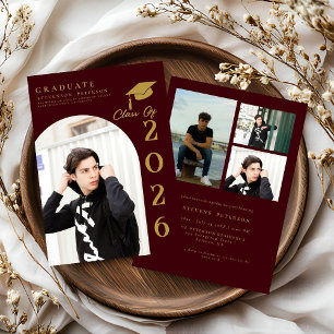 Burdundy  and Gold Photo Graduation Invitation