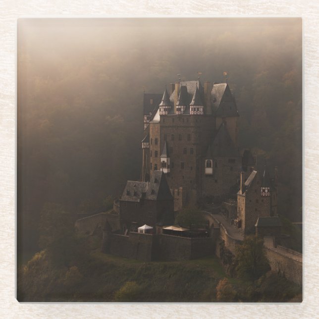 Burg Eltz castle in the morning fog Glass Coaster (Front)