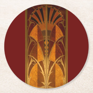 Burgandy and Gold Art Deco Round Paper Coaster
