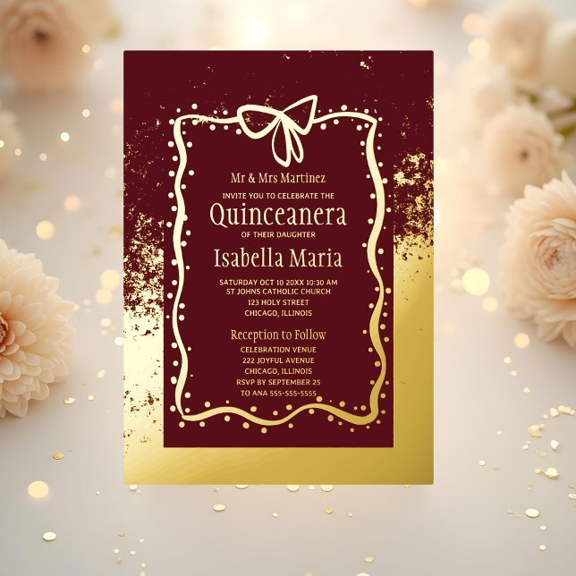 Burgandy and Gold Foil Quinceañera Invitation Bow  (Creator Uploaded)