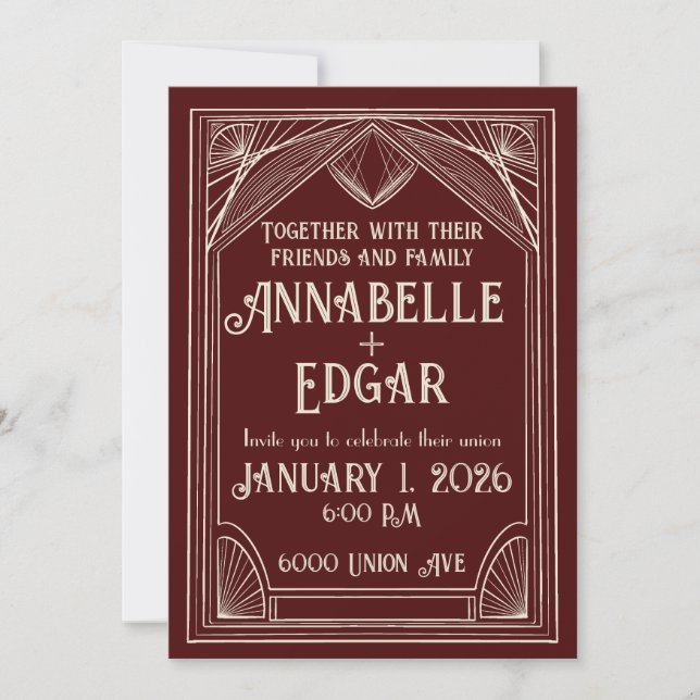 Burgandy and Ivory Art Deco Wedding Invitation (Front)