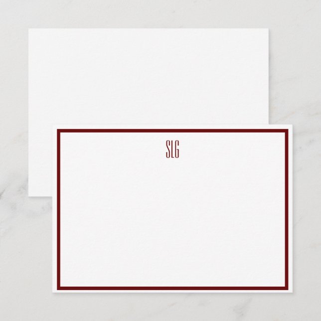 Burgandy and White Monogrammed Flat Note Card (Front/Back)