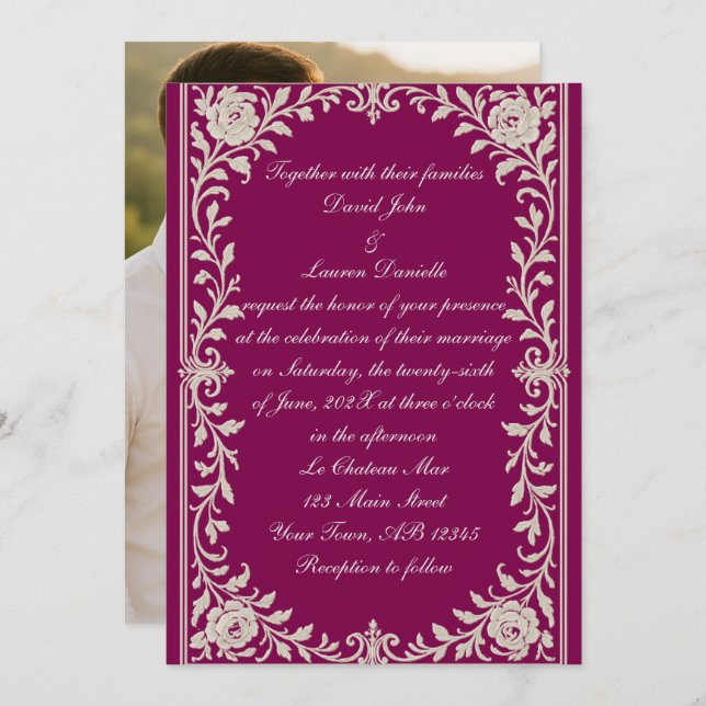Burgandy Floral Filigree Photo Wedding Invitation (Front/Back)