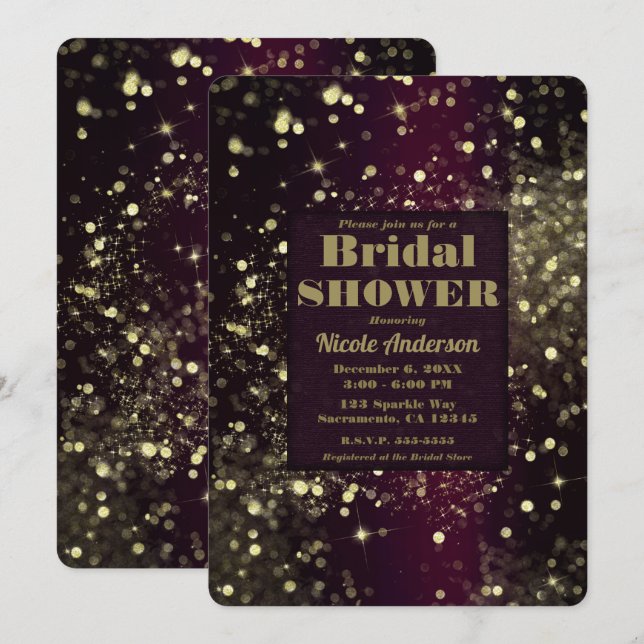Burgandy Gold Sparkling Lights Glam Bridal Shower Invitation (Front/Back)