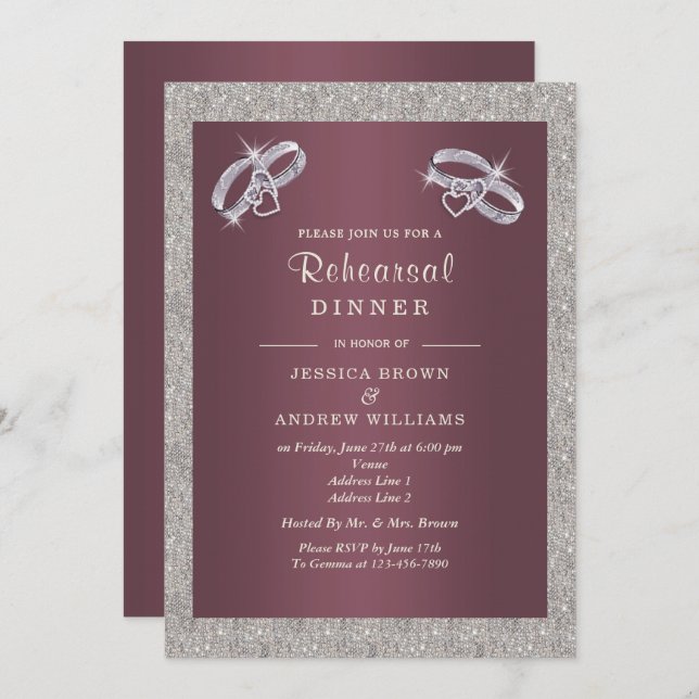 Burgandy, Sparkly Silver Rings Rehearsal Dinner Invitation (Front/Back)