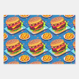 Burger and Fries Colourful Cartoon Illustration Wrapping Paper Sheet