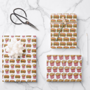 Burger and Fries Fast Food Cheeseburger French Fry Wrapping Paper Sheet
