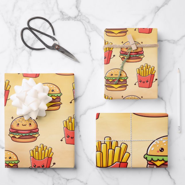 Burger and Fries Fun Kawaii Wrapping Paper Sheet (Front)