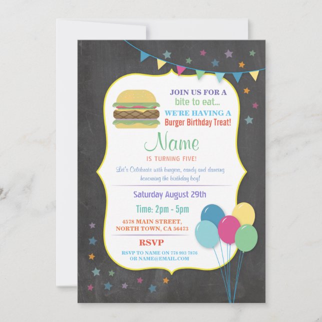 Burger Birthday Invitations Kid's Party Chalk Fun (Front)