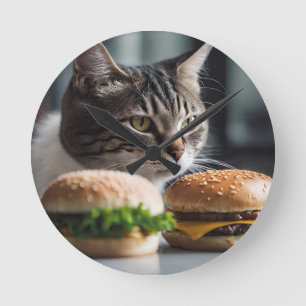 Burger Buddy- cat art Round Clock