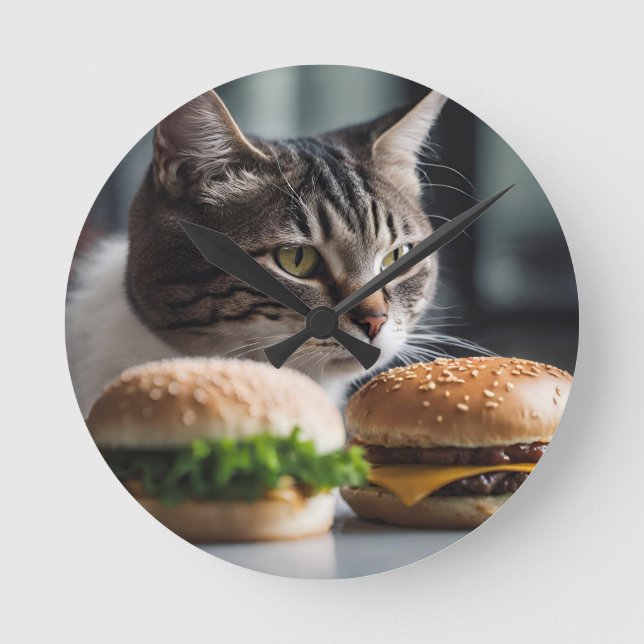 Burger Buddy- cat art Round Clock (Front)