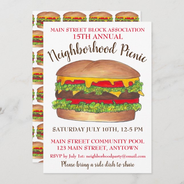 Burger Hamburger Cheeseburger Picnic Cookout Party Invitation (Front/Back)