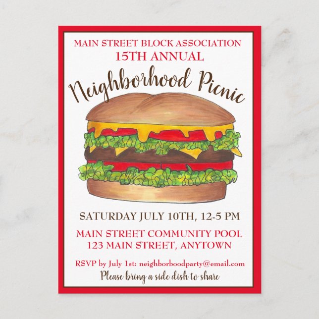 Burger Hamburger Cheeseburger Picnic Cookout Party Invitation Postcard (Front)