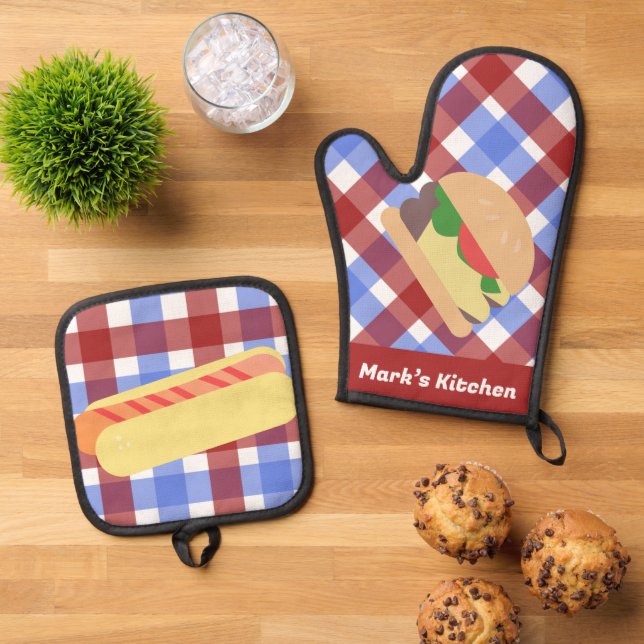 Burger Hotdog Cook out Chef Kitchen Oven Mitt & Pot Holder Set (Top Down)