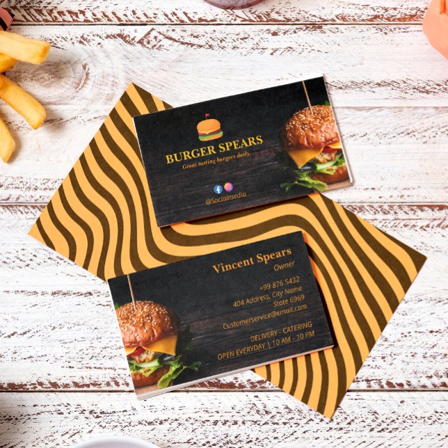 Burger Restaurant Business | Minimalist Dark Wood Business Card (Creator Uploaded)