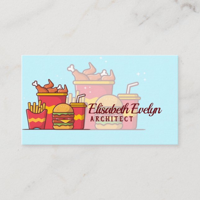 Burger with fried chicken, french fries and soda c business card (Front)