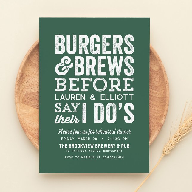 Burgers and brews before I do's green pre-wedding Invitation (Creator Uploaded)